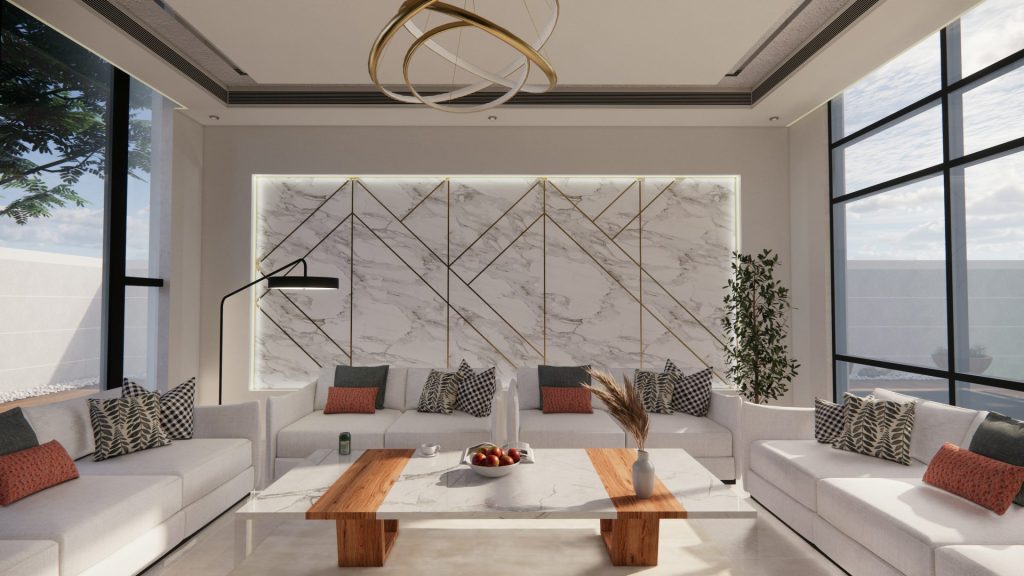 a living room filled with white couches and a wooden coffee table