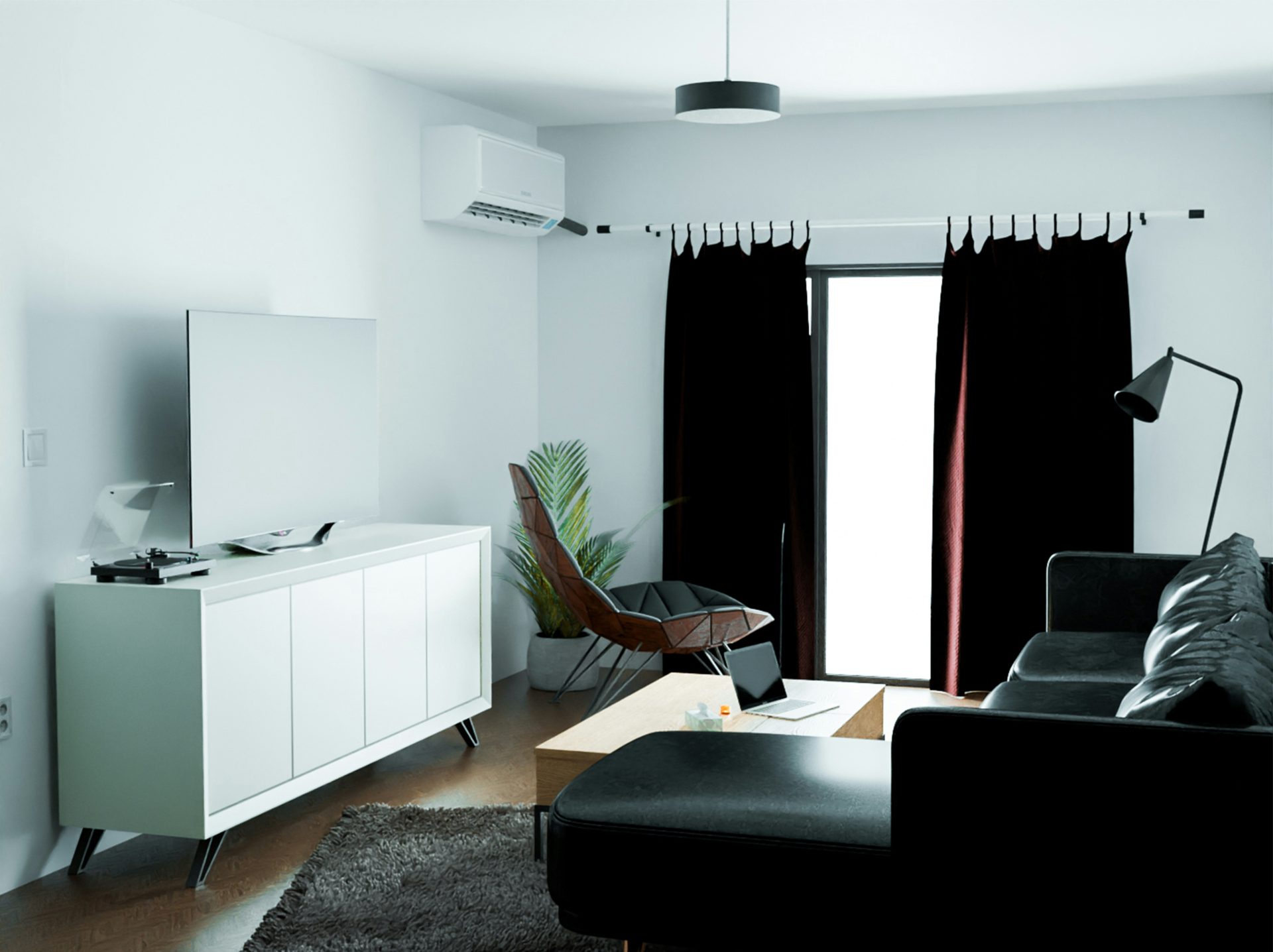 a black and white living room with a large window